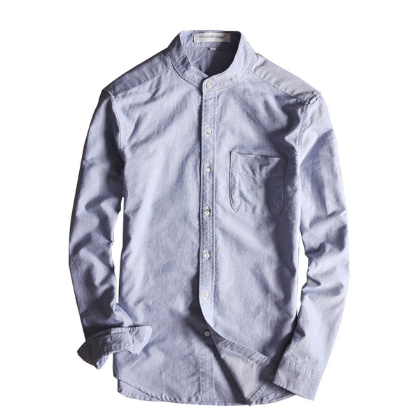 Мъжка памучна риза с дълъг ръкав и декорация джоб в три цвята