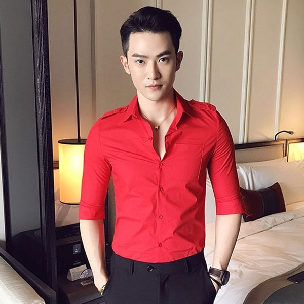 Мъжа риза втален модел с 7/8 ръкав в червен и бял цвят