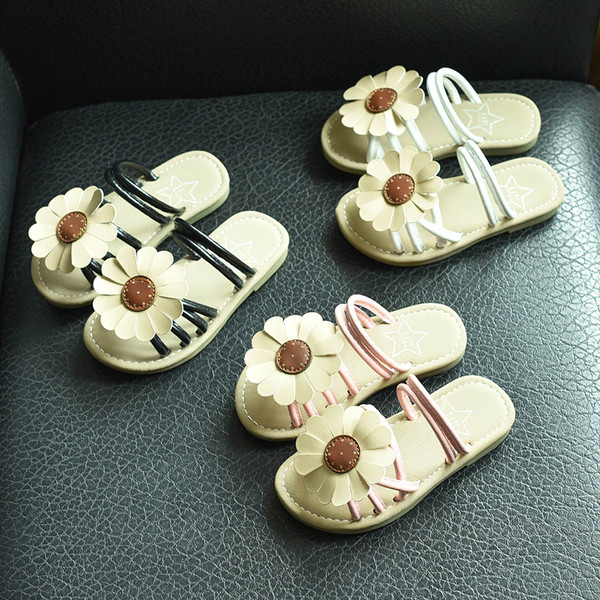 Ежедневни детски чехли за момиче с ленти и цветя в четири цвята