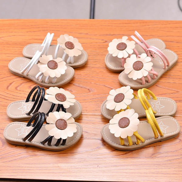 Ежедневни детски чехли за момиче с ленти и цветя в четири цвята