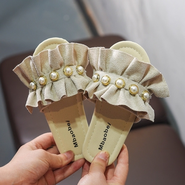 Детски чехли за момиче с перли в три цвята