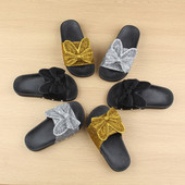 Детски чехли за момиче с брокат и 3D панделка в три цвята