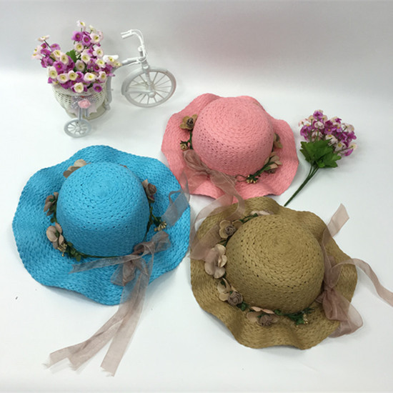 Palarie de plaja pentru copii in mai multe culori cu motive florale si panglica