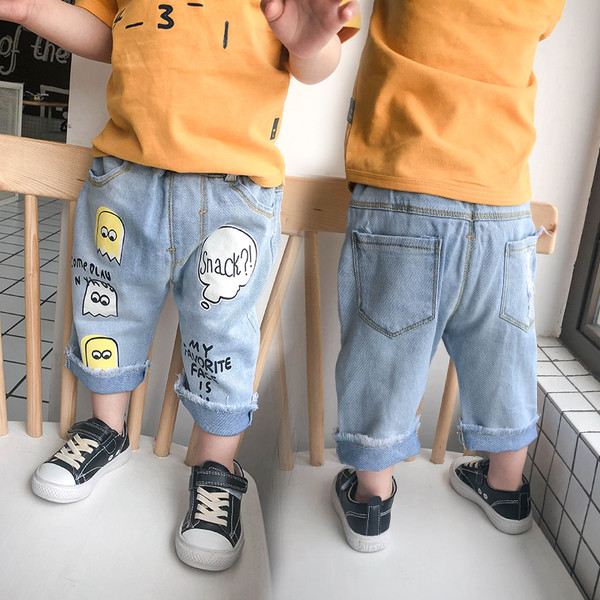 Blugi moderni pentru copii 7/8 pentru baieti cu talie inalta si imprimeu