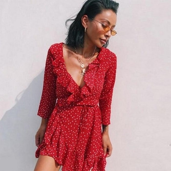 Rochie casual de dama cu decolteu in V in negru si rosu