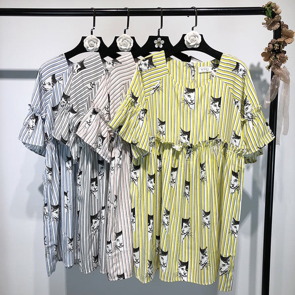 Rochie casual dama in dungi cu imprimeu de pisoi in diferite culori