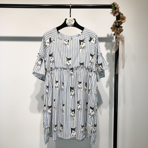 Rochie casual dama in dungi cu imprimeu de pisoi in diferite culori