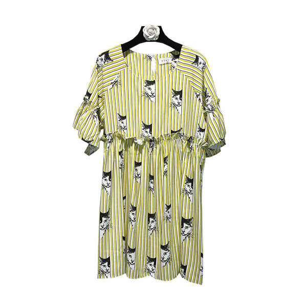 Rochie casual dama in dungi cu imprimeu de pisoi in diferite culori