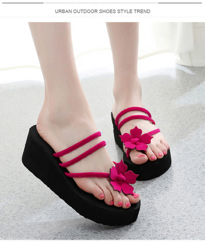 Papuci casual dama cu talpa inalta si motiv floral