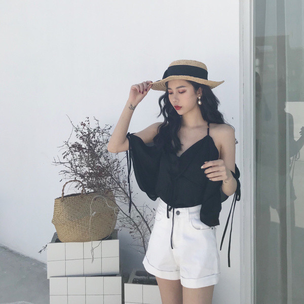 Maieu de damă cu umeri deschiși cu decolteu în V în două culori