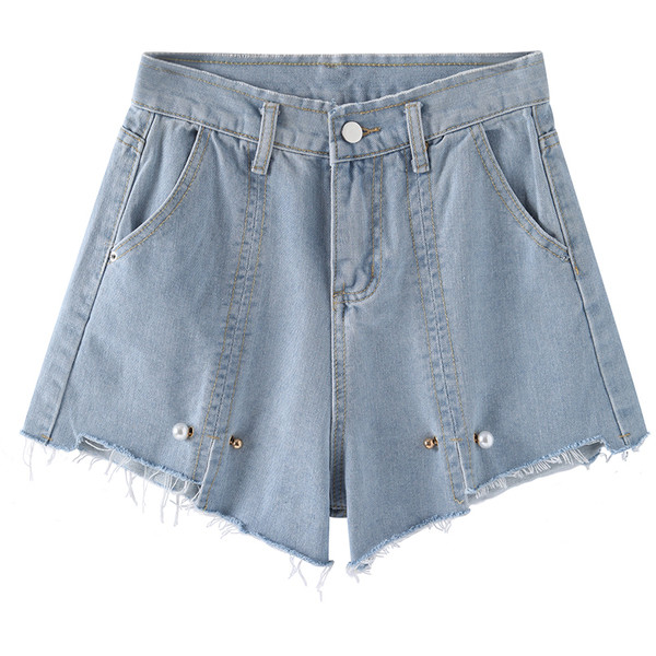 Къси дамски дънки с висока талия и метална декорация в два цвята