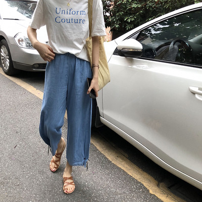 Blugi de dama cu sireturi si talie inalta model lat