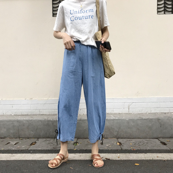 Blugi de dama cu sireturi si talie inalta model lat