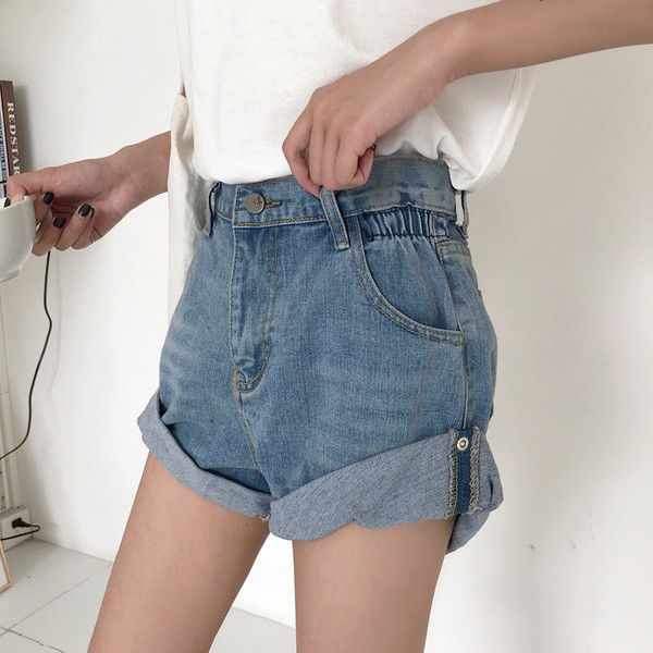 Blugi scurti de dama cu talie inalta si mansete