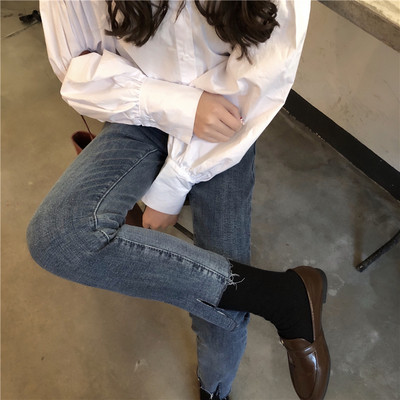 Blugi lungi de dama cu talie inalta in albastru si negru