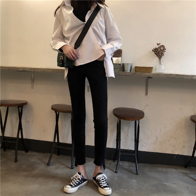 Blugi lungi de dama cu talie inalta in albastru si negru