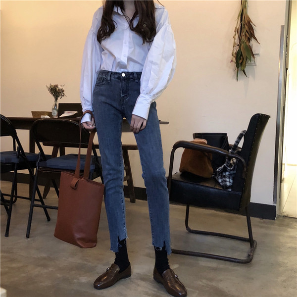 Blugi lungi de dama cu talie inalta in albastru si negru