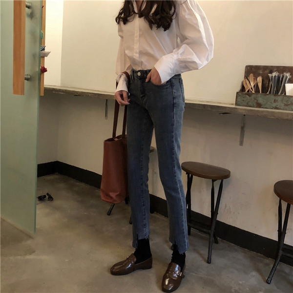 Blugi lungi de dama cu talie inalta in albastru si negru