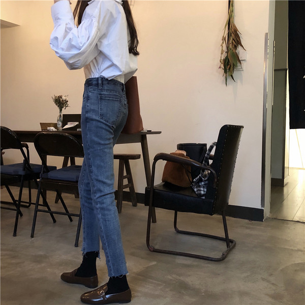 Blugi lungi de dama cu talie inalta in albastru si negru