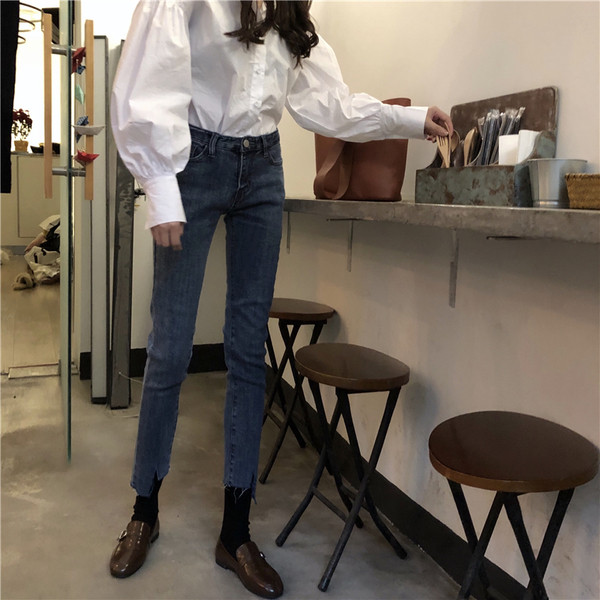 Blugi lungi de dama cu talie inalta in albastru si negru