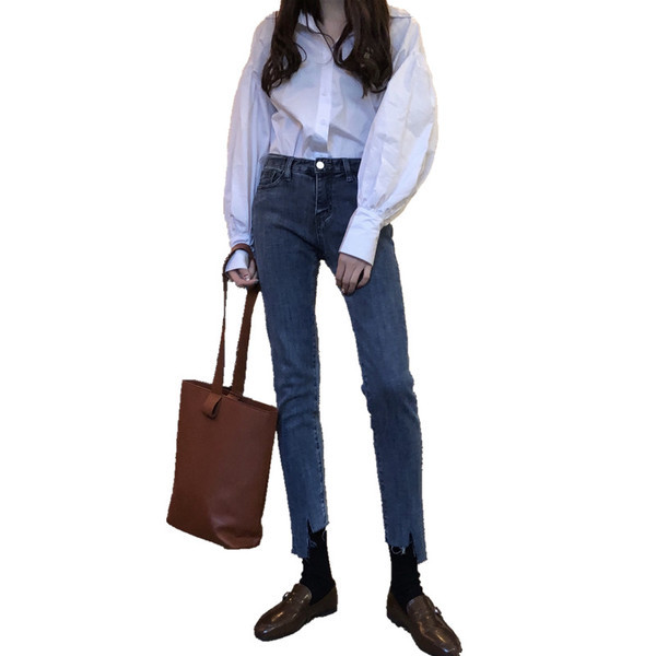 Blugi lungi de dama cu talie inalta in albastru si negru