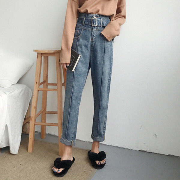 Blugi lungi de dama cu curea si talie inalta