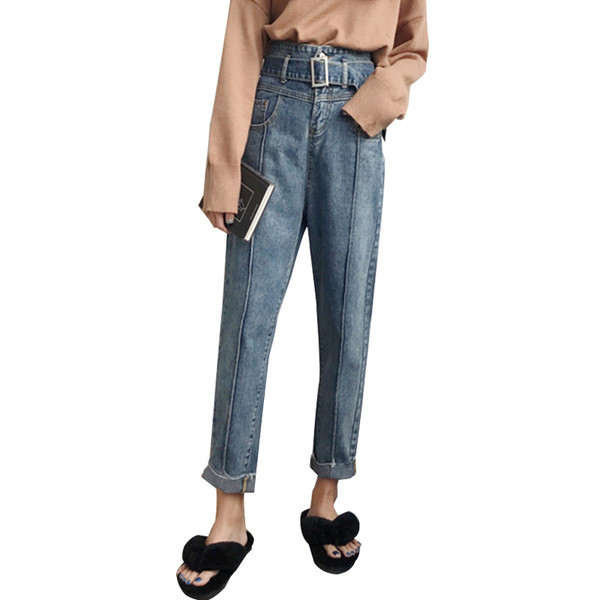 Blugi lungi de dama cu curea si talie inalta