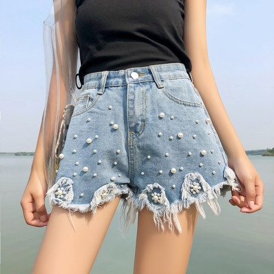 Blugi scurti de dama cu talie inalta si perle