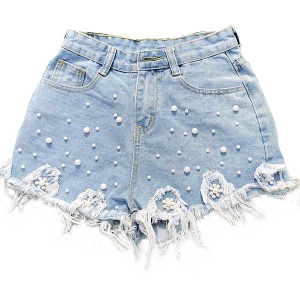 Blugi scurti de dama cu talie inalta si perle