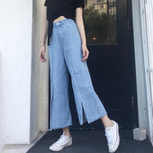 Blugi lungi de dama cu talie inalta si model cu fante late