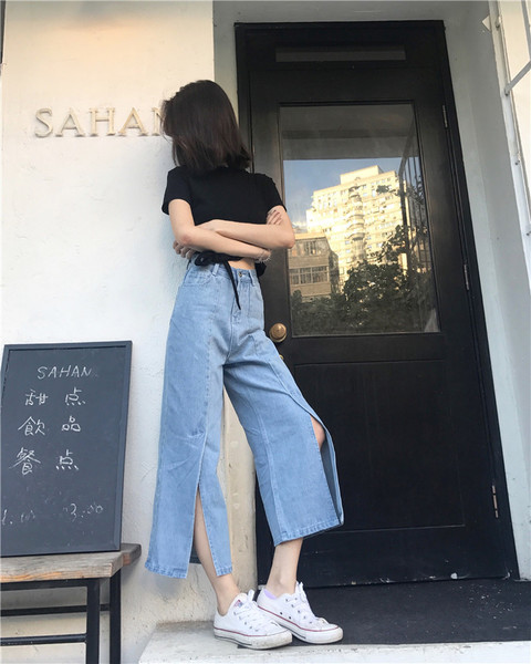 Blugi lungi de dama cu talie inalta si model cu fante late