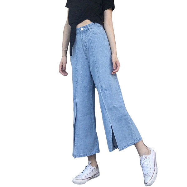 Blugi lungi de dama cu talie inalta si model cu fante late