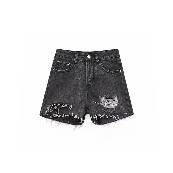 Blugi scurti rupti cu talie inalta intr-o culoare inchisa