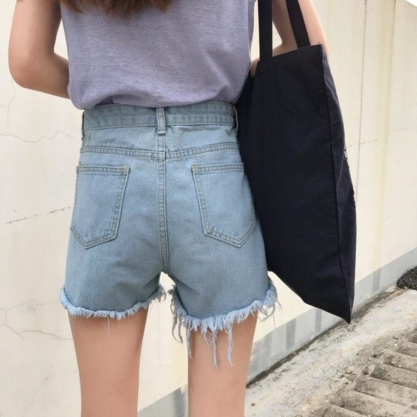 Blugi scurti casual de dama cu talie inalta si model lat cu inscriptionare