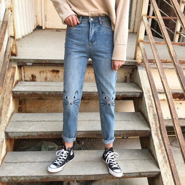 Blugi lungi de dama cu talie inalta si aplicatie