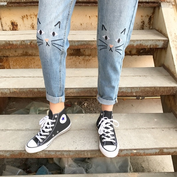 Blugi lungi de dama cu talie inalta si aplicatie