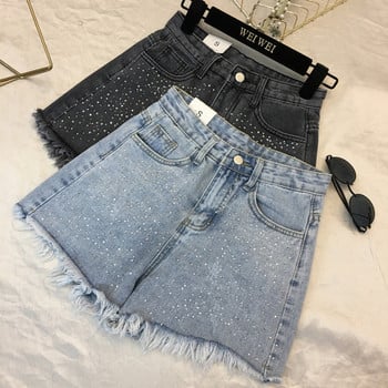 Γυναικεία short jeans με ψηλή μέση σε δύο χρώματα με πέτρες