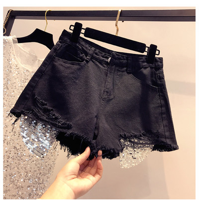 Дамски къси дънки в четири цвята, разкъсани с лъскав елемент