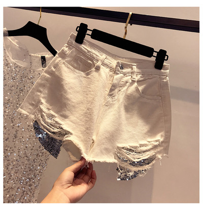 Дамски къси дънки в четири цвята, разкъсани с лъскав елемент