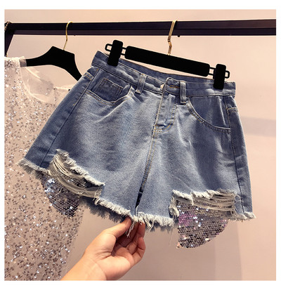 Дамски къси дънки в четири цвята, разкъсани с лъскав елемент