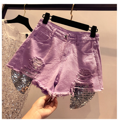 Дамски къси дънки в четири цвята, разкъсани с лъскав елемент