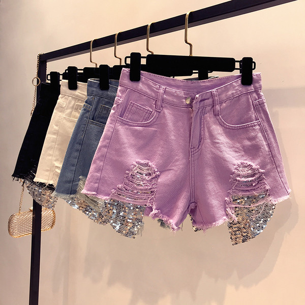 Дамски къси дънки в четири цвята, разкъсани с лъскав елемент