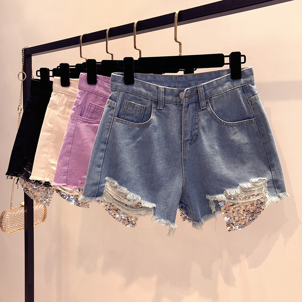 Дамски къси дънки в четири цвята, разкъсани с лъскав елемент