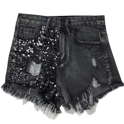 Къси дамски дънки в черен цвят с висока талия и пайети