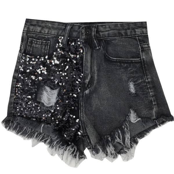 Къси дамски дънки в черен цвят с висока талия и пайети