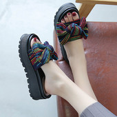 Papuci casual de dama cu talpa inalta si panglica