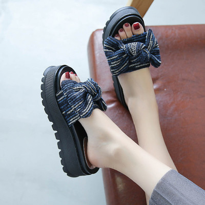 Papuci casual de dama cu talpa inalta si panglica