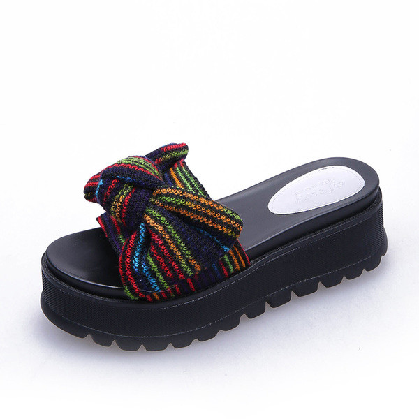 Papuci casual de dama cu talpa inalta si panglica