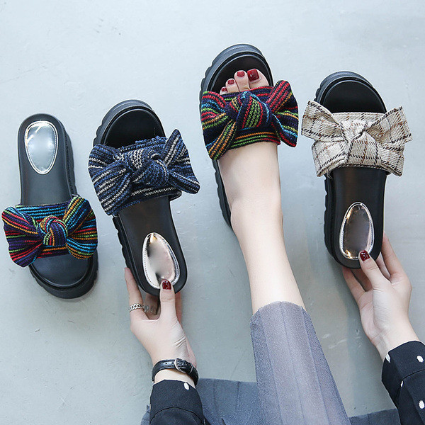 Papuci casual de dama cu talpa inalta si panglica