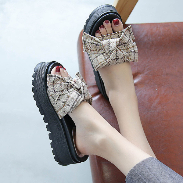 Papuci casual de dama cu talpa inalta si panglica